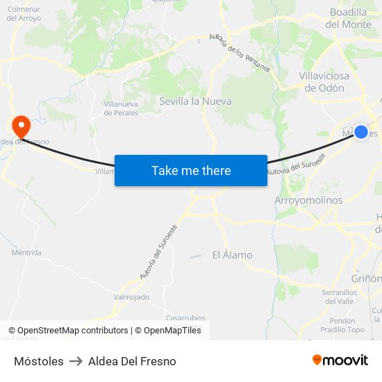 Móstoles to Aldea Del Fresno map