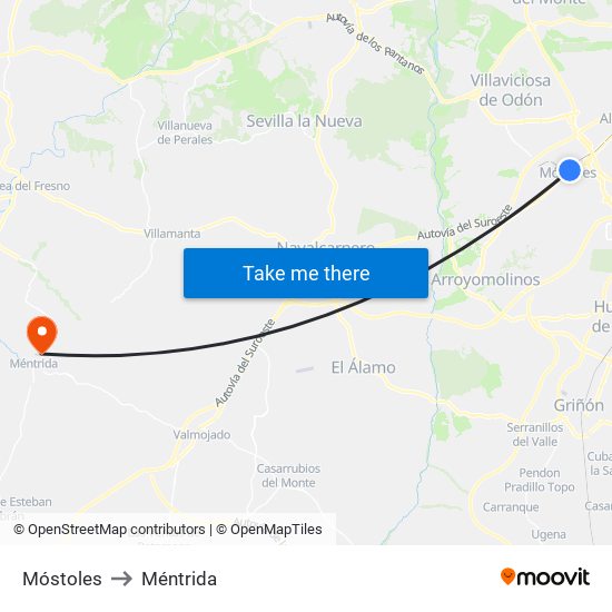 Móstoles to Méntrida map