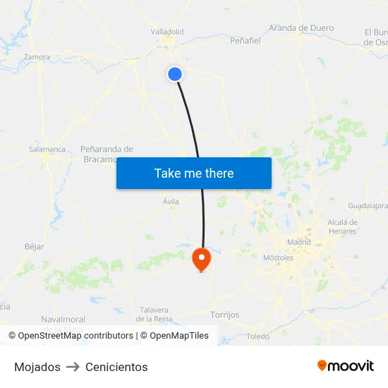 Mojados to Cenicientos map