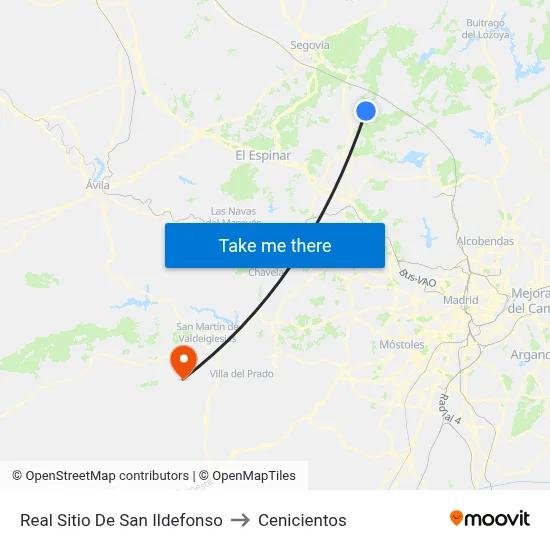 Real Sitio De San Ildefonso to Cenicientos map