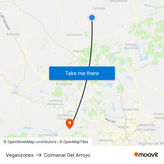 Veganzones to Colmenar Del Arroyo map