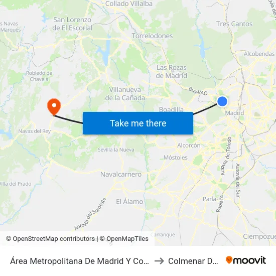 Área Metropolitana De Madrid Y Corredor Del Henares to Colmenar Del Arroyo map
