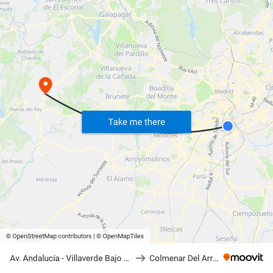 Av. Andalucía - Villaverde Bajo Cruce to Colmenar Del Arroyo map