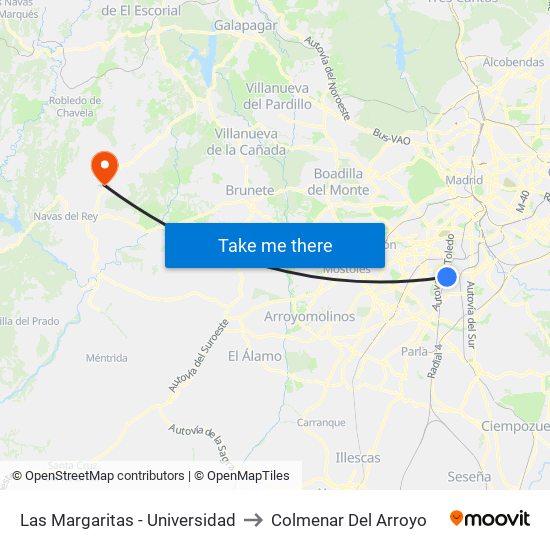 Las Margaritas - Universidad to Colmenar Del Arroyo map