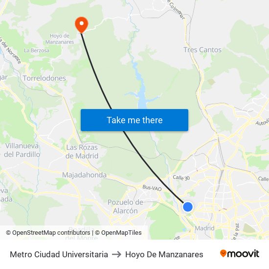 Metro Ciudad Universitaria to Hoyo De Manzanares map