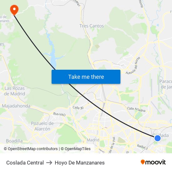 Coslada Central to Hoyo De Manzanares map