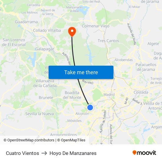 Cuatro Vientos to Hoyo De Manzanares map