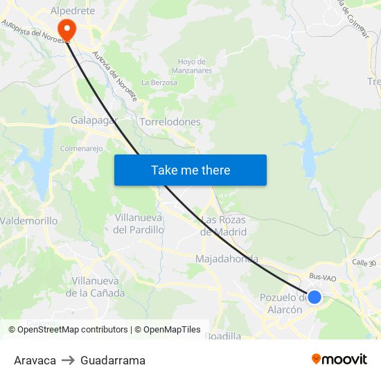 Aravaca to Guadarrama map