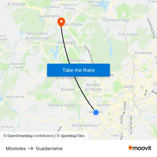 Móstoles to Guadarrama map