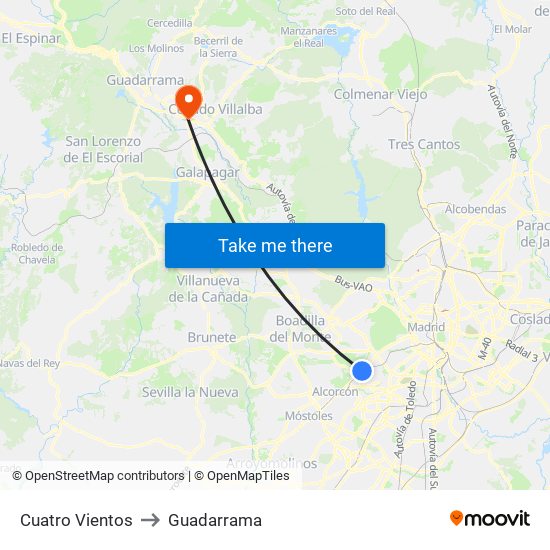 Cuatro Vientos to Guadarrama map