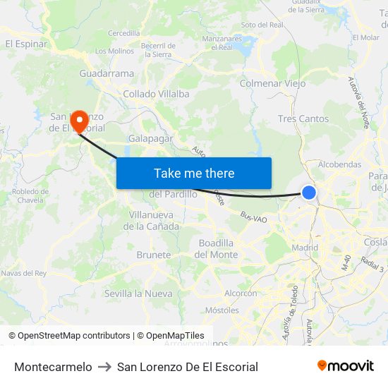 Montecarmelo to San Lorenzo De El Escorial map