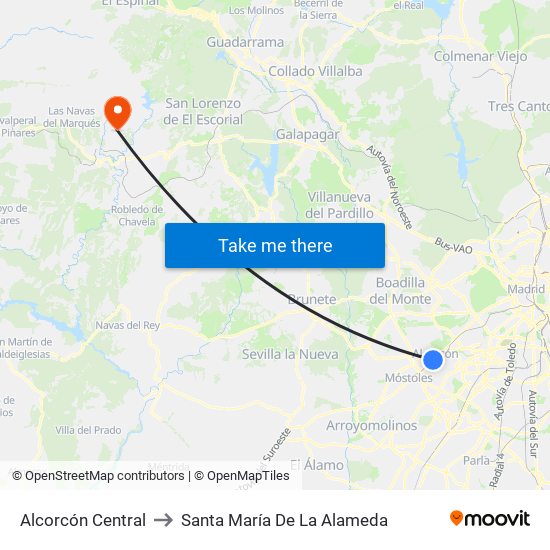 Alcorcón Central to Santa María De La Alameda map