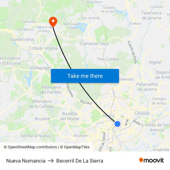 Nueva Numancia to Becerril De La Sierra map