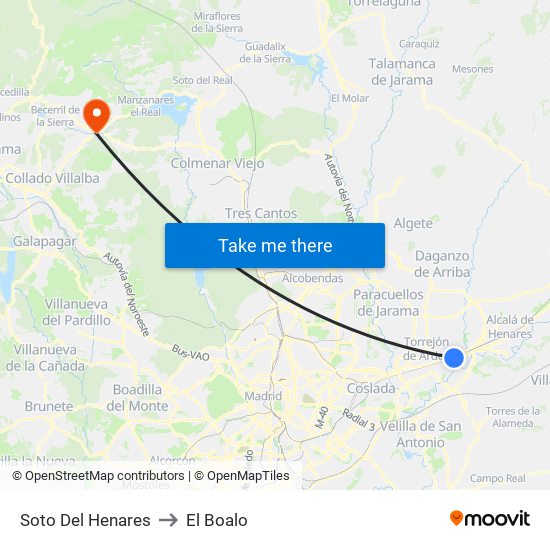 Soto Del Henares to El Boalo map