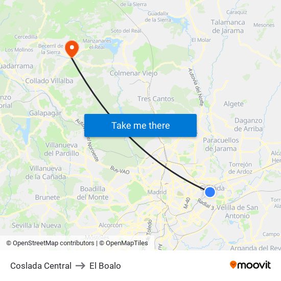 Coslada Central to El Boalo map