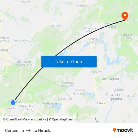 Cercedilla to La Hiruela map