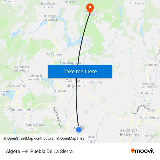 Algete to Puebla De La Sierra map