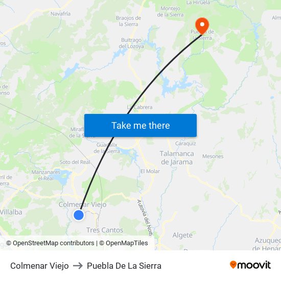 Colmenar Viejo to Puebla De La Sierra map