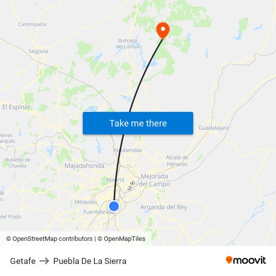Getafe to Puebla De La Sierra map