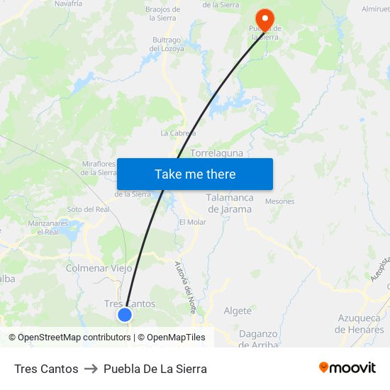 Tres Cantos to Puebla De La Sierra map