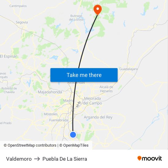 Valdemoro to Puebla De La Sierra map