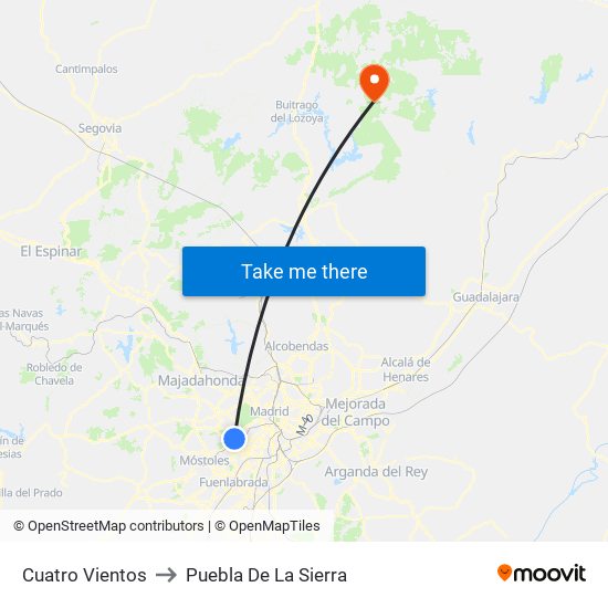 Cuatro Vientos to Puebla De La Sierra map