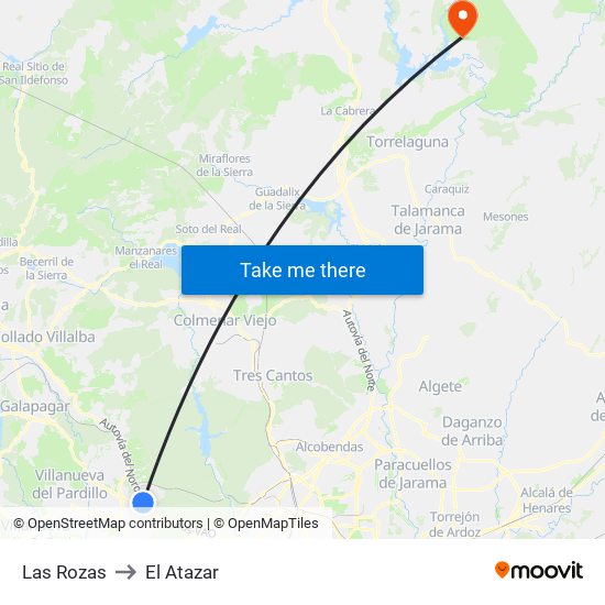 Las Rozas to El Atazar map