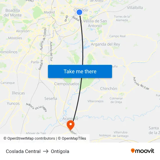 Coslada Central to Ontígola map