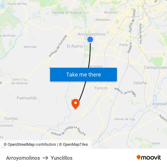 Arroyomolinos to Yunclillos map