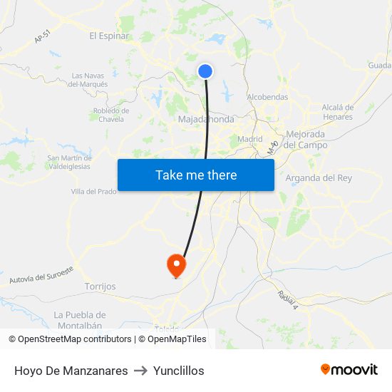Hoyo De Manzanares to Yunclillos map