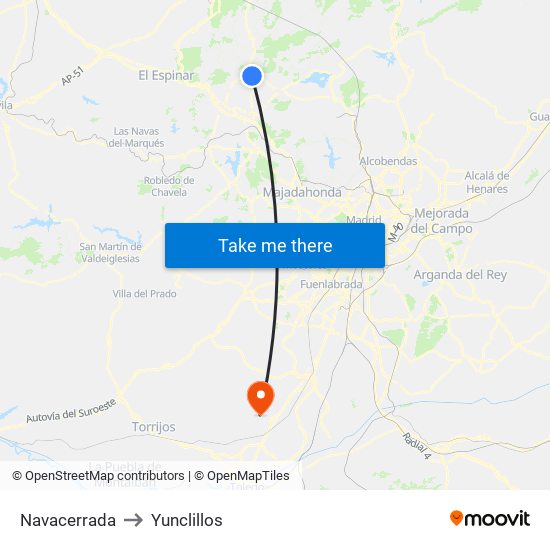 Navacerrada to Yunclillos map
