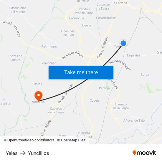 Yeles to Yunclillos map