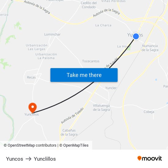 Yuncos to Yunclillos map
