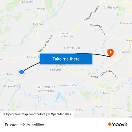 Erustes to Yunclillos map