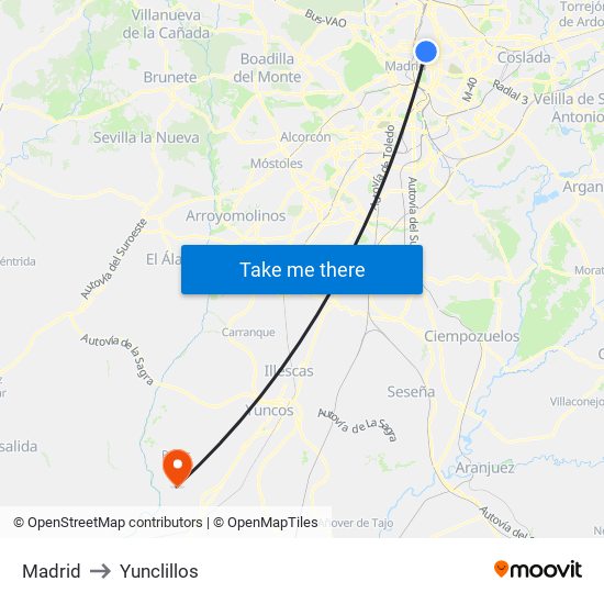 Madrid to Yunclillos map