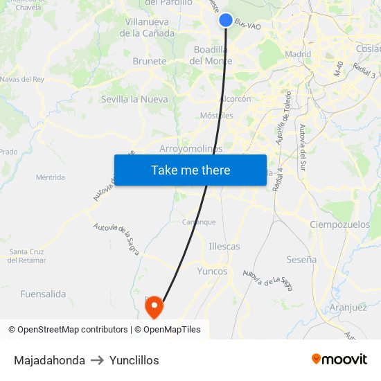 Majadahonda to Yunclillos map