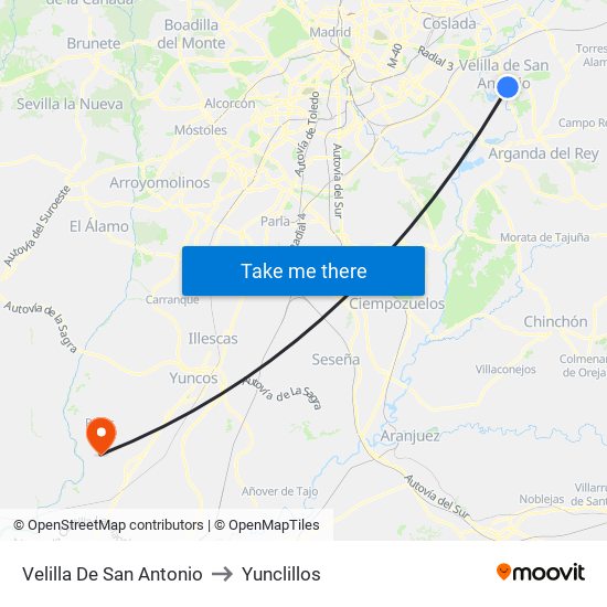 Velilla De San Antonio to Yunclillos map