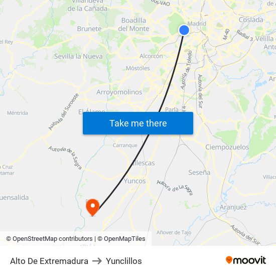 Alto De Extremadura to Yunclillos map