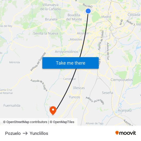 Pozuelo to Yunclillos map
