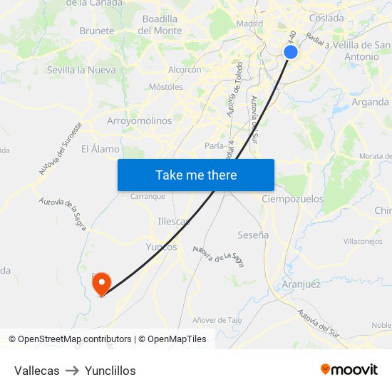 Vallecas to Yunclillos map