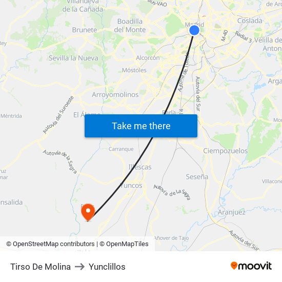 Tirso De Molina to Yunclillos map