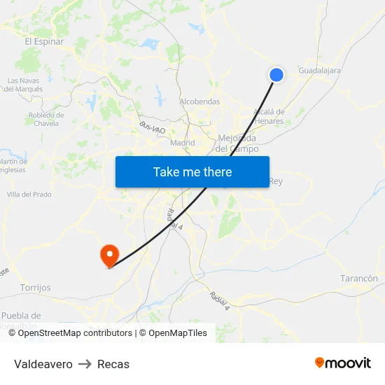 Valdeavero to Recas map