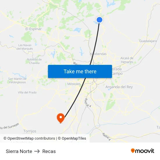 Sierra Norte to Recas map