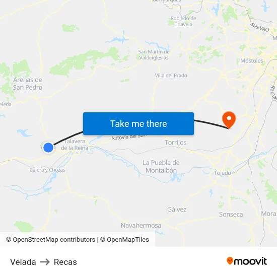 Velada to Recas map