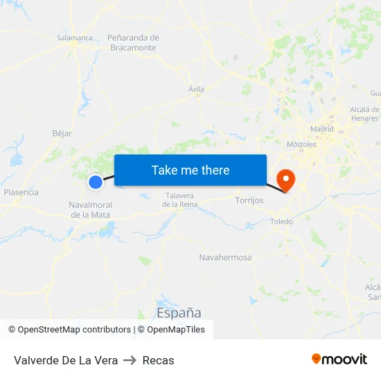 Valverde De La Vera to Recas map