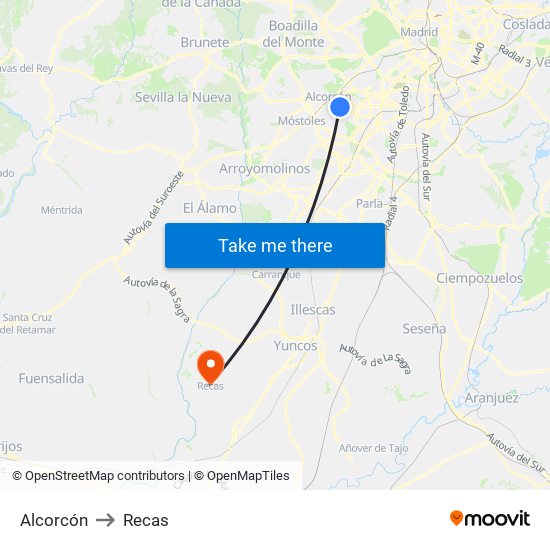 Alcorcón to Recas map