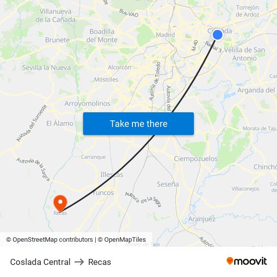 Coslada Central to Recas map