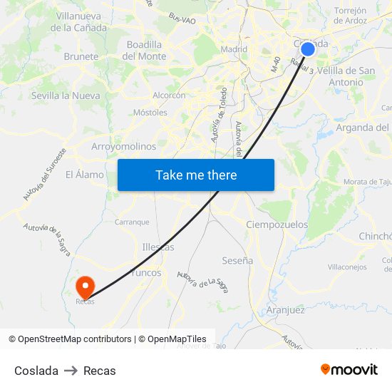 Coslada to Recas map