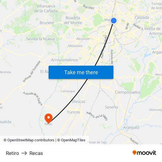 Retiro to Recas map