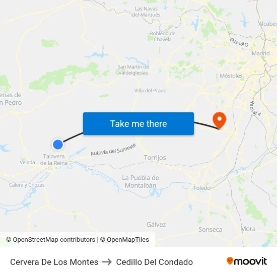 Cervera De Los Montes to Cedillo Del Condado map